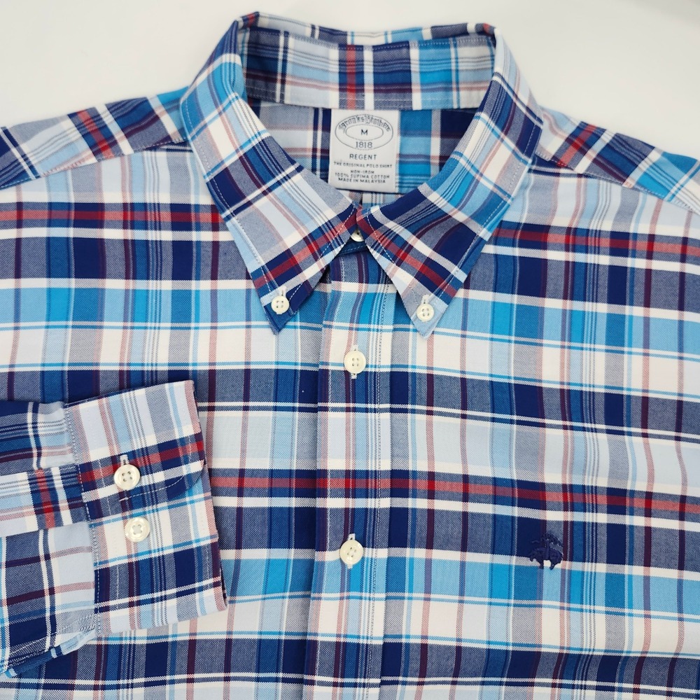Brooks Brothers Mens Blue Red Plaid Regent Non-Iron Shirt Size M Button Down